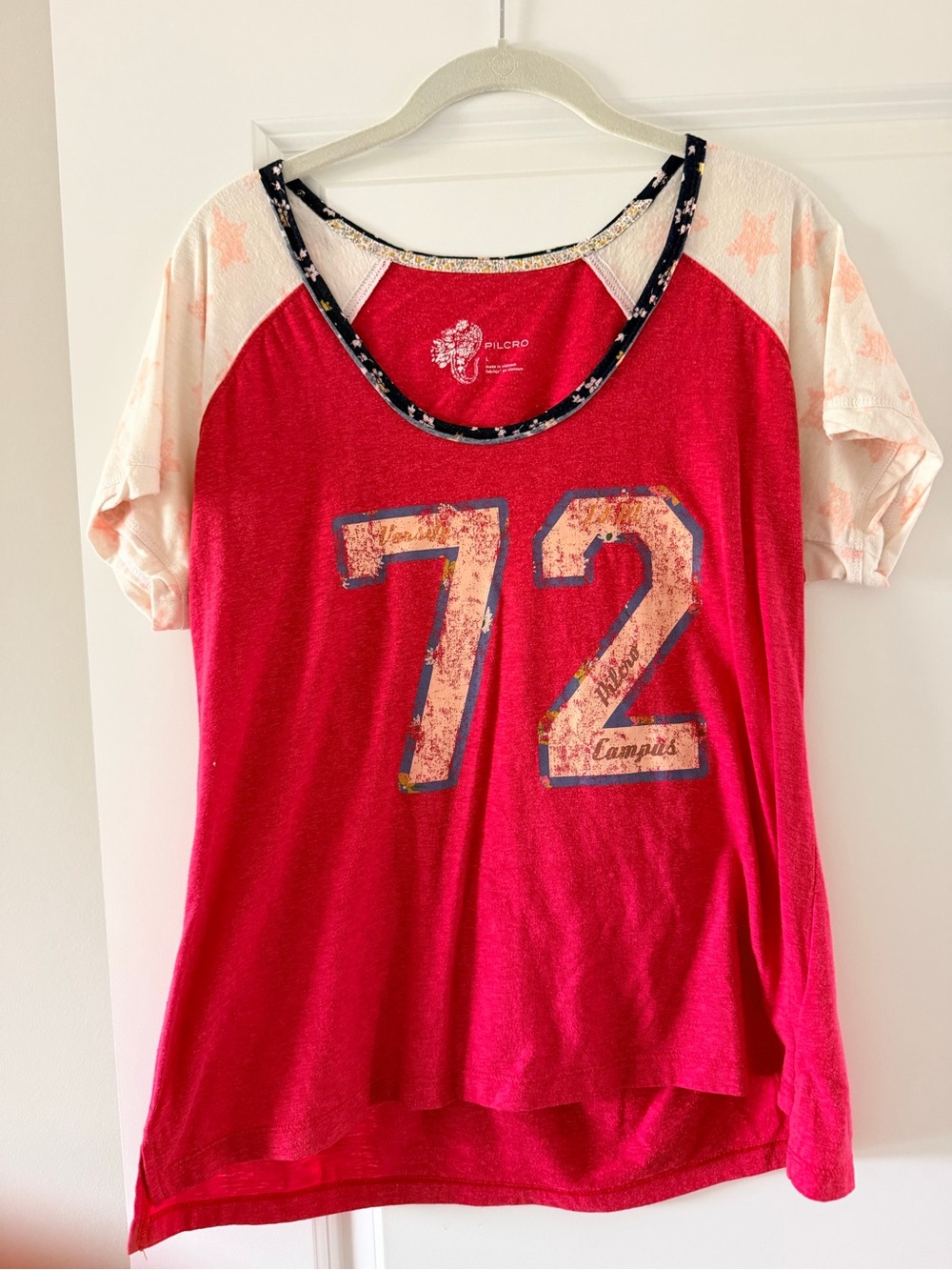 Pilcro Red Raglan Tee with Cream Star Sleeves